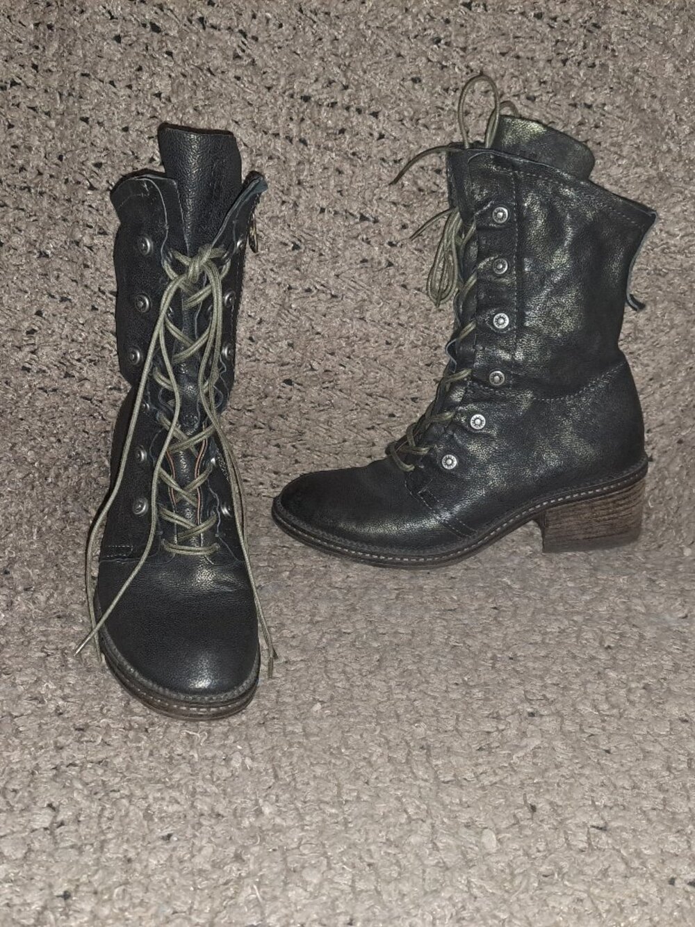 A.S.98-Shimmery Camo Black Leather Studded Boots-Mid Calf-Zip-Sz 39-Near Mint